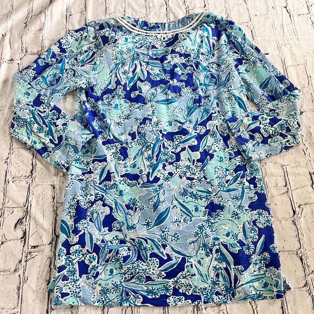 Lilly Pulitzer Kaia Tunic Top Floral Blue White Coastal Split Hem 3/4 Sleeve S - Picture 5 of 6